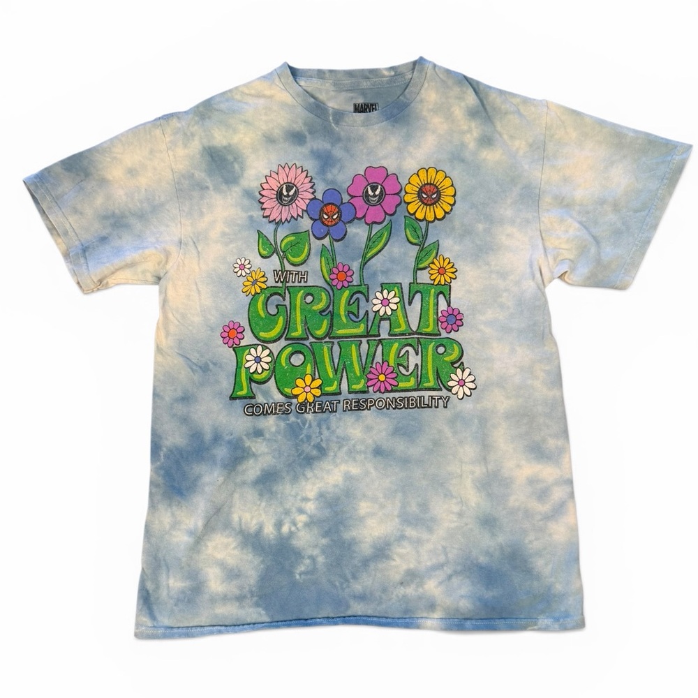 Rare Marvel Kids Blue Tie-Dye Floral 'Great Power' Graphic Tee